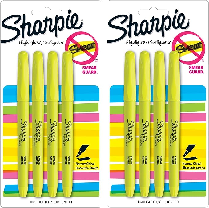 Sharpie Pocket Style Highlighters, Narrow Chisel Tip, Fluorescent Yellow, 8 Count