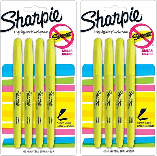 Sharpie Pocket Style Highlighters, Narrow Chisel Tip, Fluorescent Yellow, 8 Count