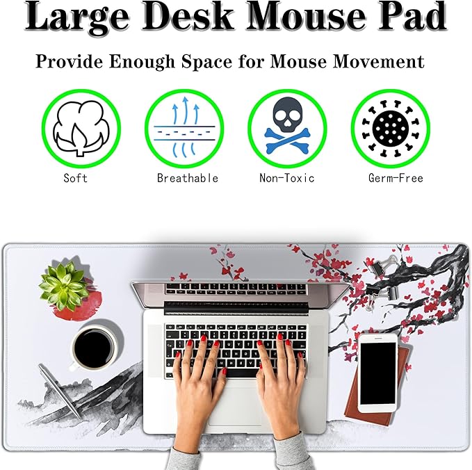 Large Mouse Pads White, Home Office Desk Pad Gaming Mat, Desk Mat Large Non-Slip Rubber Base Waterproof with Stitched Edges, 35.4 X 15.7 inch for Work/Game/Office Japan Traditional Painting