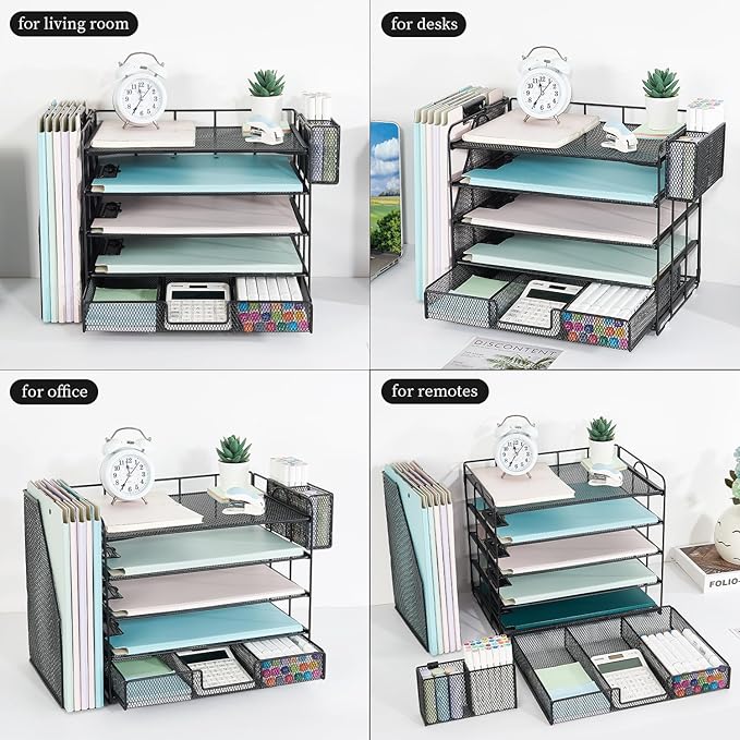 Youbetia Paper Tray Organizer with Mesh File Holder, 5 Tier Desk Accessories & Workspace Desk Organizers with Pen Holder, Office Desk Accessories Desktop Organization for Office Supplies (Black)