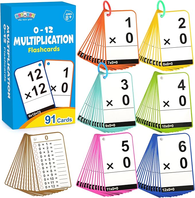 BenBen Multiplication Flash Cards 0-12, 91 Cards, Times Table Flash Cards with Rings, Multiplication Practice for Kids 8-12, 2nd 3rd 4th 5th 6th Grade, Math Flashcards for Homeschool Classroom