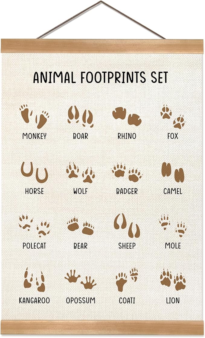 ZTGDA Animal Footprints Wall Art Poster – Animal Footprints Canvas Print with Wood Hanger Frame, Education Learning Poster for Nursery Classroom Playroom Decor 12x16Inch