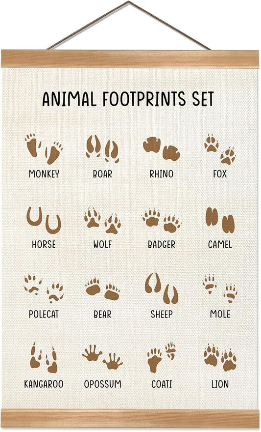 ZTGDA Animal Footprints Wall Art Poster – Animal Footprints Canvas Print with Wood Hanger Frame, Education Learning Poster for Nursery Classroom Playroom Decor 12x16Inch