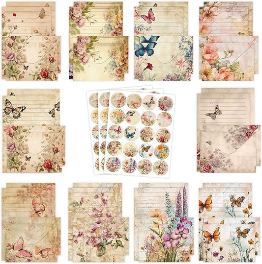 160 Packs Stationery Paper Set (50 Single-Sided Stationery Writing Papers 50 Matching Envelopes) 60 Round Dot Stickers, 10 Design Vintage Stationary Sets,5.5 x 8.25 Inch. (Nature)