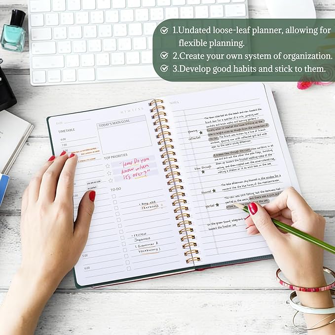 Undated Daily Planner with Hourly Schedule, 5.71" X 8.35" Daily To DO List Noteboook Set Goals A5 Daily Personal Organizer Notepad for School Work Office Improve Efficiency Planner, Green