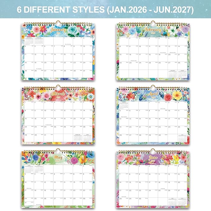 Calendar 2026-18 Monthly Wall Calendar, January 2026 - June 2027, 8.5" x 11", Calendar 2026-2027 with Twin-Wire Binding, Hanging Hook, Blocks and Julian Dates (Watercolor Wall Calendar)