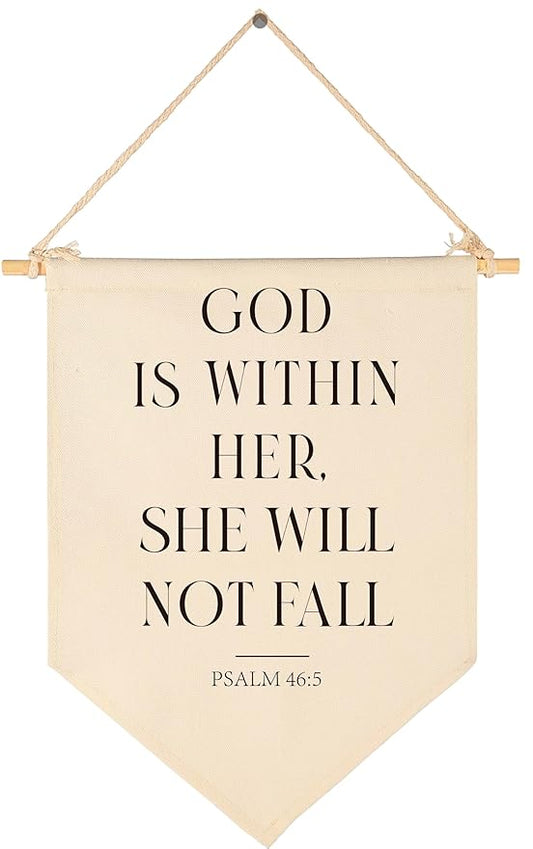 Canvas Banner Flag Sign Pennant Wall Decor Gift for Nursery Reading Room Playroom Bedroom Door,Girly Bible Verse Trendy Scripture Affirmation-Christian Poster Art for Girl-God is Within Her