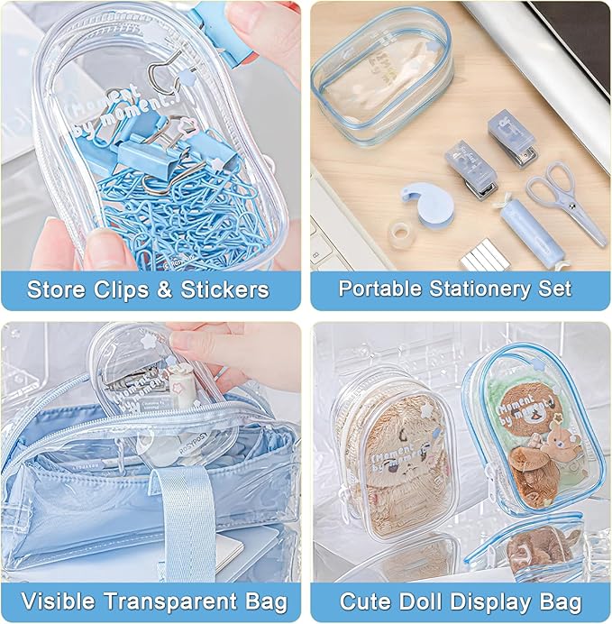 7pcs Mini Stationary Kit with Compact Scissors Hole Punch Portable Stapler Mini School Supplies Kit Blue Stapler and Tape Dispenser Set for Students Christmas Gifts (Blue)