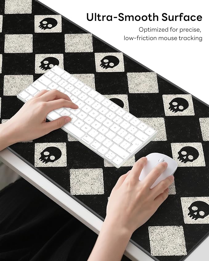 XL Gaming Mouse Pad, 31.5x17.5'' Large Desk Mat with Anti-Slip Rubber Base & Stitched Edges for Gaming, Office, Home - Cute Skulls
