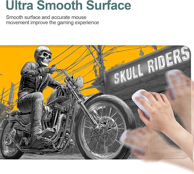 Skull Rider Cyberpunk Motorcycle Gaming Mouse Pad XL 31.5"x11.8" – Bold Yellow Graphic Desk Mat – Anti-Slip Rubber Base & Durable Stitched Edges for Gamers
