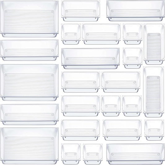 25 PCS Clear Plastic Drawer Organizers Set, 4-Size Versatile Bathroom and Vanity Drawer Organizer Trays, Storage Bins for Makeup, Bedroom, Kitchen Gadgets Utensils and Office Accessories