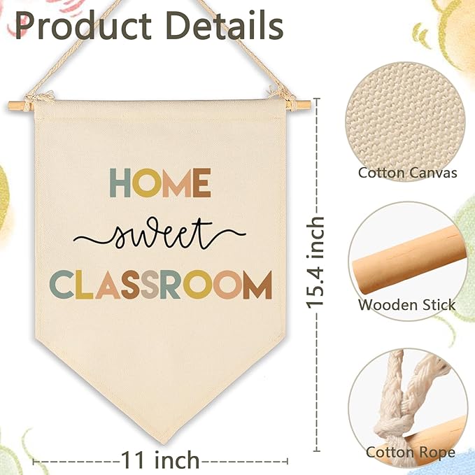 Home Sweet Classroom-Homeschool Classroom Study room Wall Decorations-Teacher Appreciation Gift-Teacher's Day Gift-Canvas Hanging Flag Banner Pennant Wall Poster Decor Present for Kids Boys Girls