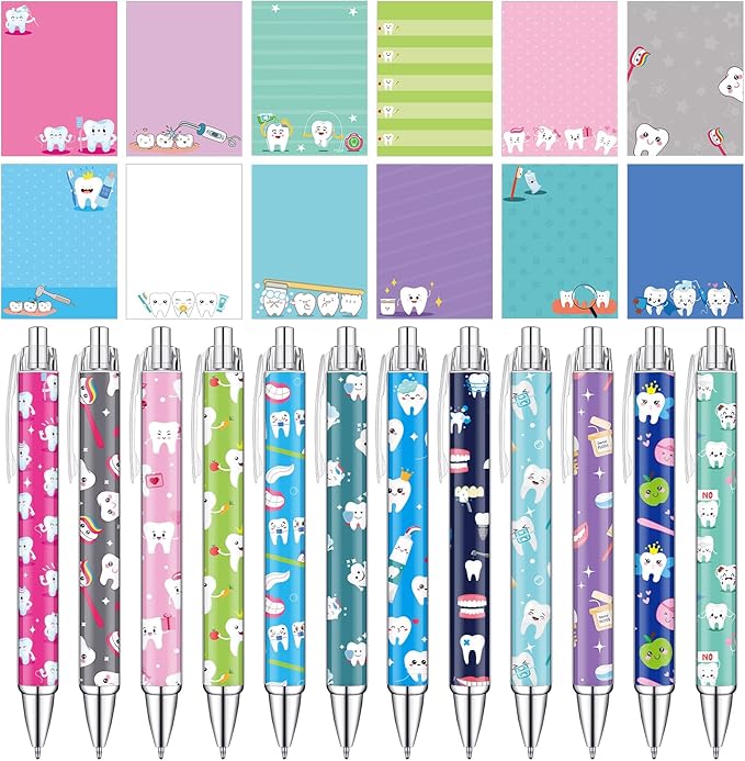 Thenshop 24 Pcs Dental Pens and Notepad Set Teeth theme Gifts Dentist Assistant Accessories Dentists Pens for Office School Home Stationery Fall Thanksgiving Christmas Classroom Craft Gifts