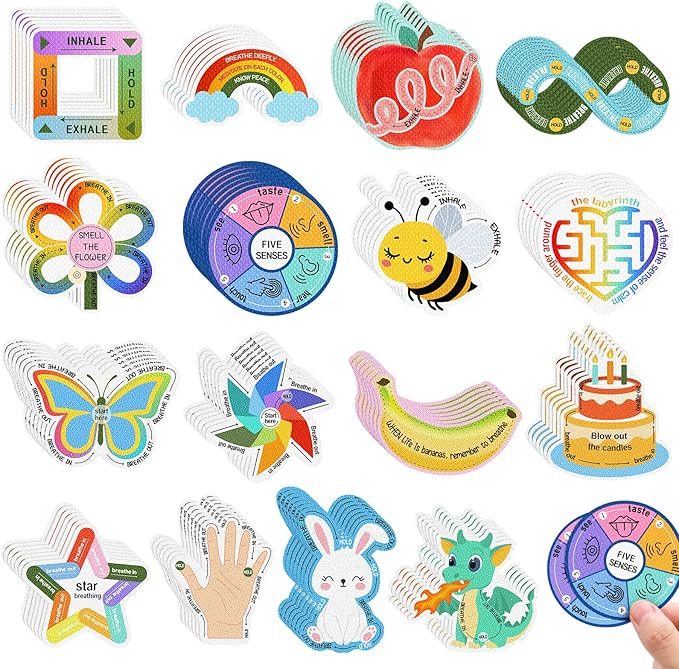 144 Pcs Calm Anxiety Sensory Stickers Textured Sensory Strips Stickers Mindfulness Relief Mental Health Rainbow Apple Animals Anxiety Relief for Adults Office Desk Supply