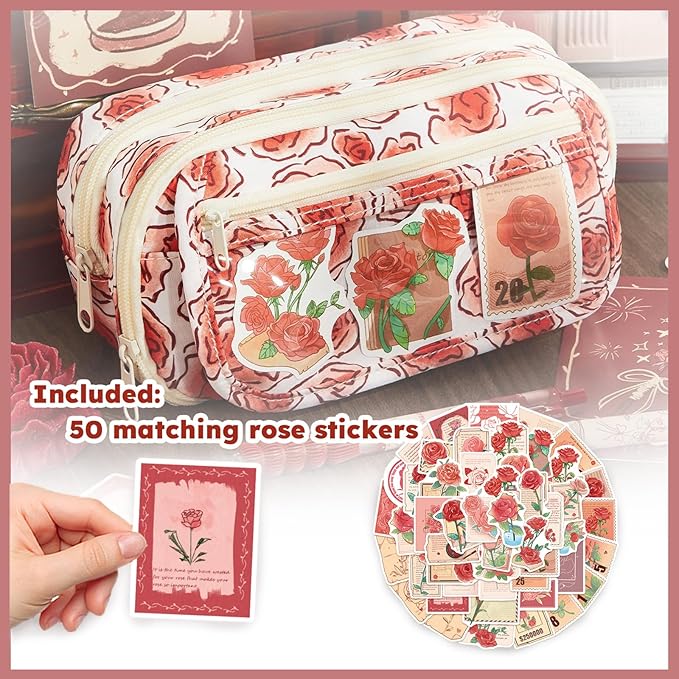 Rose Large Pencil Case Pouch Coquette Aesthetic Floral Big Stationery Bag with 50pcs Rose Stickers for Office College Makeup Adults