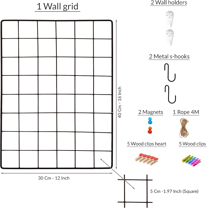 1 Pack Black Metal Magnetic Wire Grid Panels | Photo & Picture Display Wall Organizer | Grid Board | Hanging Home & Office Decor