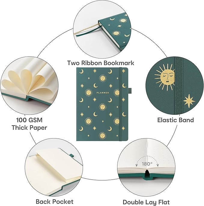 And Per Se Undated Planner – A5 Weekly & Monthly Goal Planner for 72 Weeks (1.5 Years) – Hardcover with Monthly Tab Stickers, Back Pocket & Habit Tracking (Celestial Green)