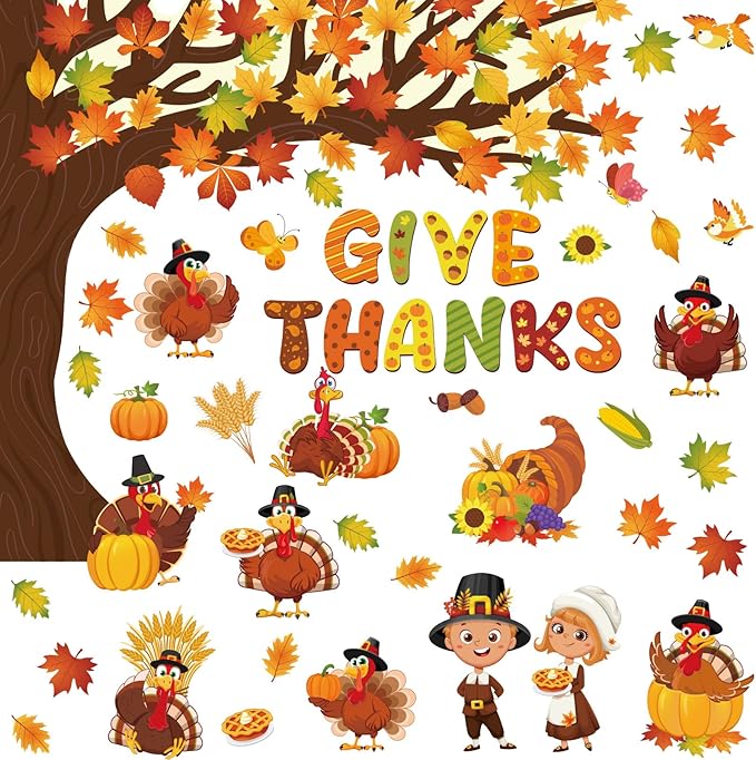 Zonon 114 Pcs Thanksgiving Bulletin Board Decorations Thanksgiving Classroom Decorations Turkey Maple Leaves Pumpkin Give Thanks Tree Bulletin Board Cutouts for Fall Harvest Home Classroom Wall Decor