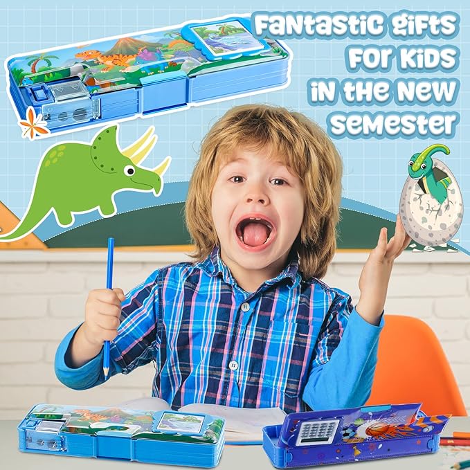 Henoyso Multifunctional Pencil Box for Boys Dinosaur Pencil Case with Calculator and Sharpener Cool Cute Pencilcase School Supplies Essentials Christmas Birthday Gift Present for Kids Teens