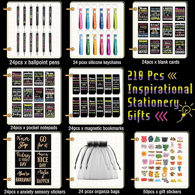 Pasimy 218 Pcs Inspirational Stationery Gifts Motivational Mini Notepad Pen Quote Bookmarks Stress Relief Stickers Inspiring Silicone Keychains for Home Office Appreciation Gift(Dark)