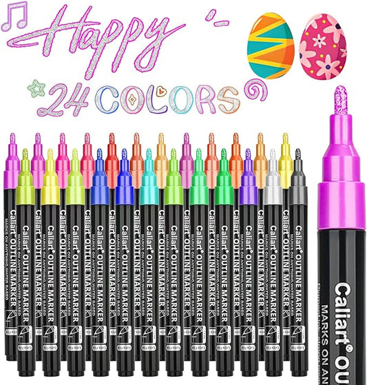 Caliart 24 Colors Outline Markers Shimmer Glitter Pens, Doodling Marker Set for Adults Artists, Cool Fun Craft Drawing Art Supplies
