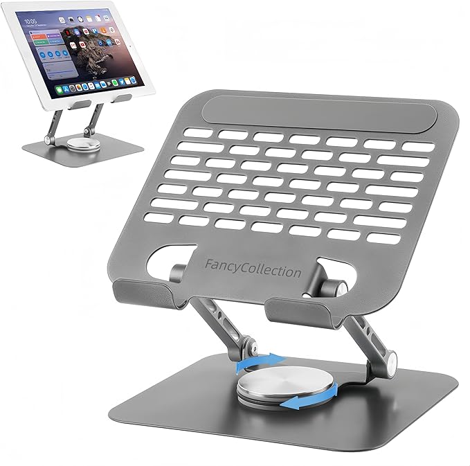 Adjustable Tablet Stand with 360° Rotating Base, Aluminum Dual-Rod Support, Compatible with iPad Pro/Air/Mini Silver Grey