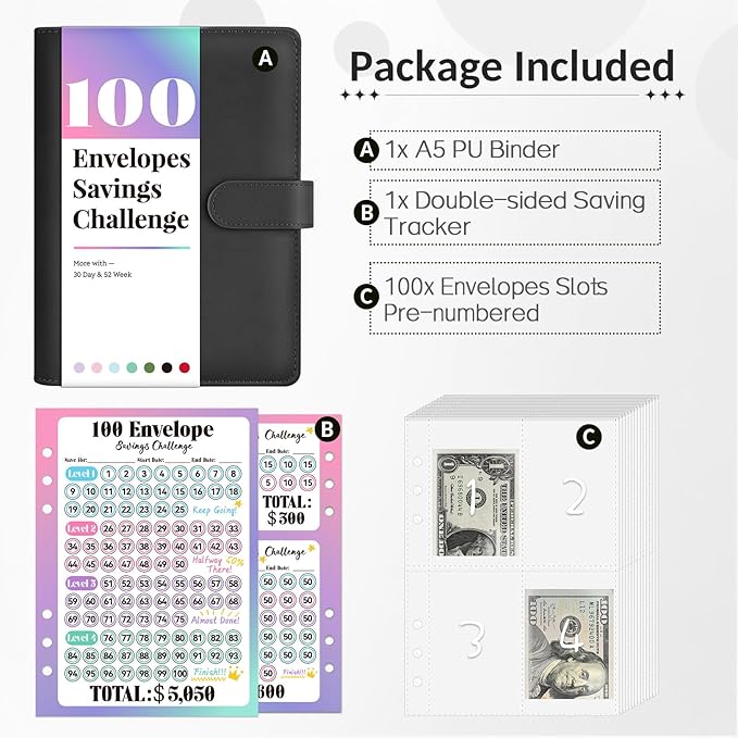 Sooez 100 Envelope Money Saving Challenge Book with 100 Pocket Pre-Numbered & Reusable Laminated Tracker, Money Saving Binder 100 Pocket Pre-Numbered,Money Book, Cool Christmas Gifts