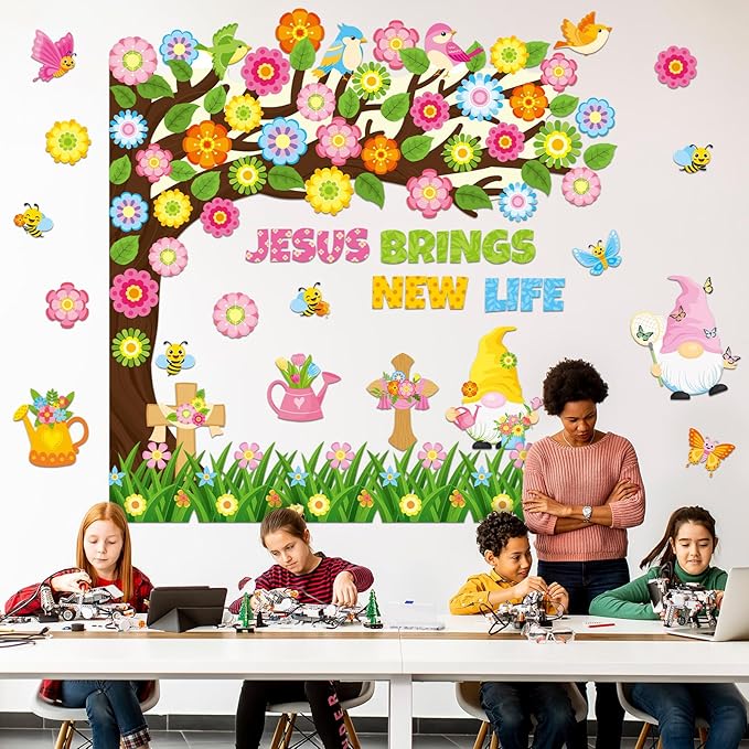 Zonon 114 Pcs Christian Spring Classroom Bulletin Board Decorations Flower Tree Bulletin Board Set Religious Spring Cutouts for Sunday School Kids Office School DIY Projects Chalkboard Supply