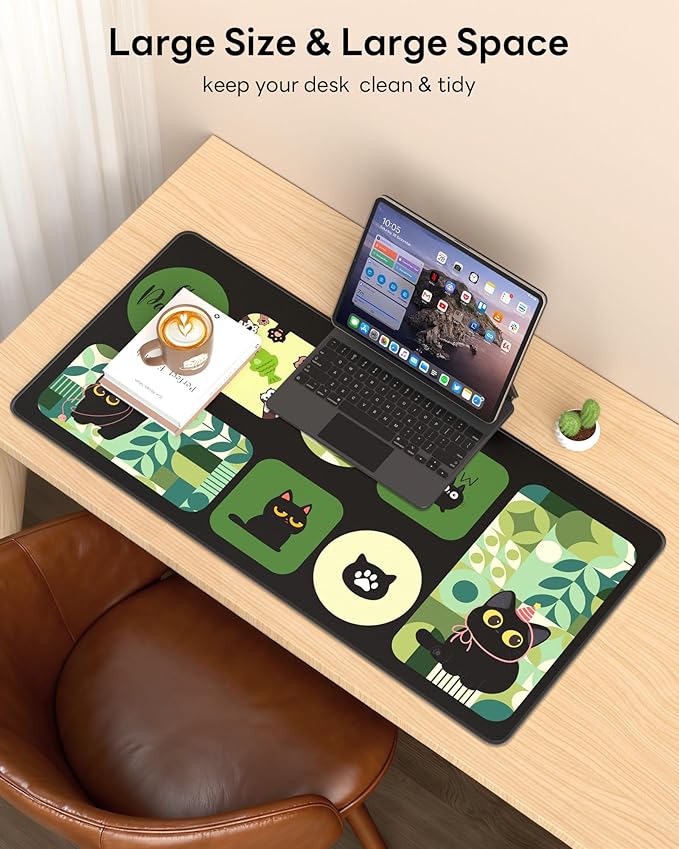 XL Gaming Mouse Pad, 31.5x17.5'' Large Desk Mat with Anti-Slip Rubber Base & Stitched Edges for Gaming, Office, Home - Cute Kitty
