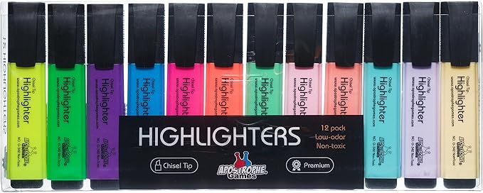 Apostrophe Games 12 Highlighters, Chisel Tip Assorted Color Set, Fluorescent and Pastel Colors - Dry-Quickly Non-Toxic Highlighter Markers, Office, School Supplies