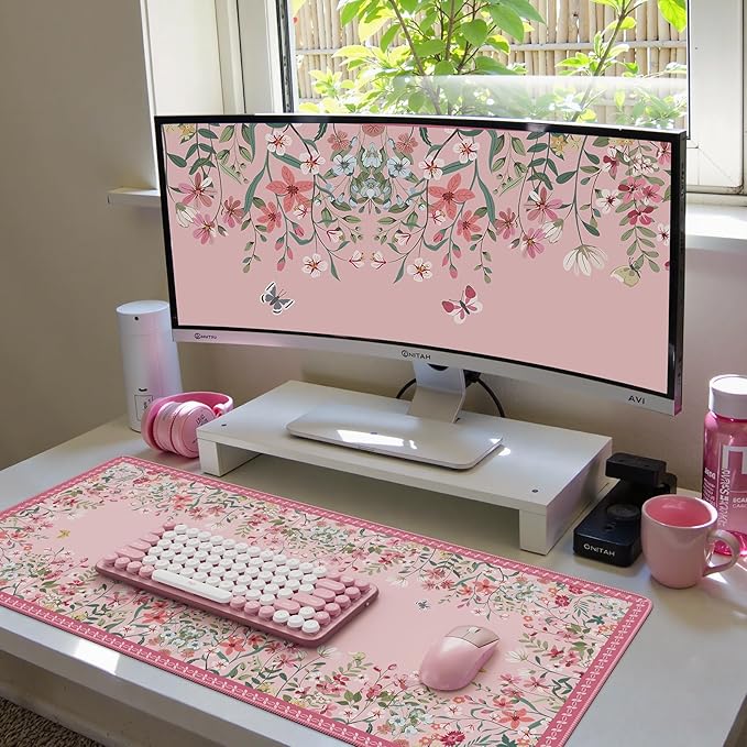 iCasso Desk Mat Pink,Long Mouse Pad with Stitched Edges,Non Slip Computer Pad for Women,Cute Aesthetic Keyboard Mat for Desktop,Large Desk Cover Protector Work from Home School