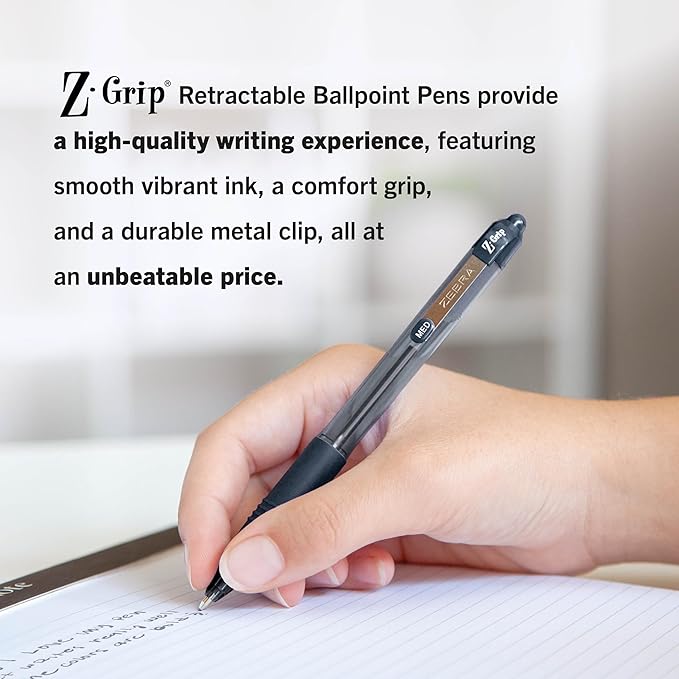 Zebra Pen Z-Grip Retractable Ballpoint Pen, Smooth-Flowing Black Ink, 1.0mm Medium Point, School & Office Supplies, Ideal for Note-Taking, Journal and Planner Use, 48-Pack (22148)