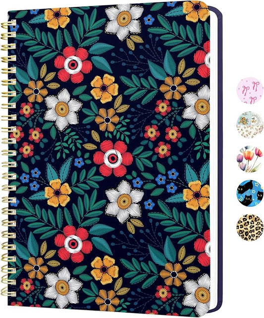 Stanoha Cute Spiral Notebook A5 Journal for Women Girls Kawaii Aesthetic Pretty Floral Design with Pocket, 8.5 x 5.7 inch, Line, Dark Flower