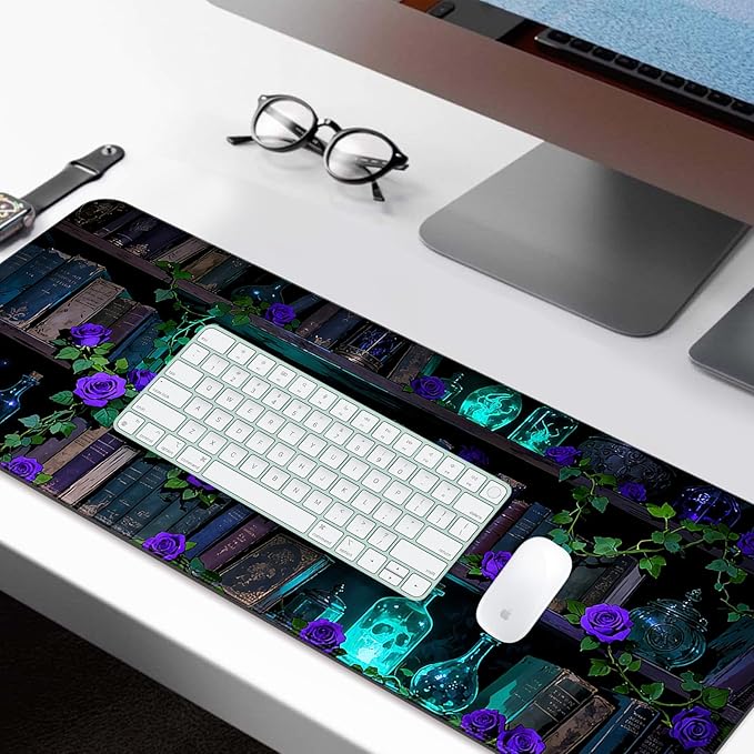 Dreamy Blue Rose and Magic Book XL Large Desk Mat, Extended Long Desk Pad for Gaming and Office, Non-Slip Rubber Base, Comfortable Surface Mouse Pad, 31.5x11.8 in (H18)