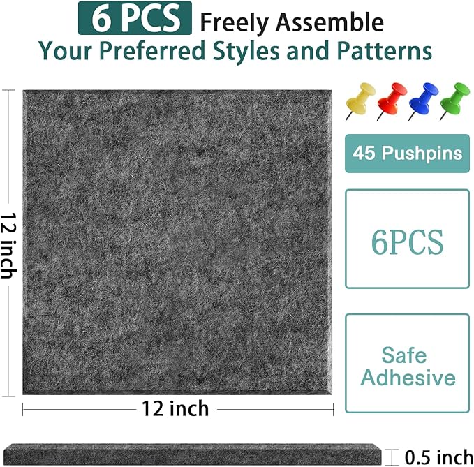 Felt Cork Board for Wall: Extra Large Bulletin Board for Office - 0.5 Inch Thick Corkboard Tiles 6 PCS Grey Pin Board Squares Adhesive