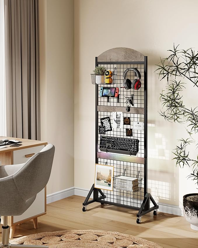 2 Packs Grid Wall Panel 5.7' x 2' FT Grid Display Rack with Wheels, Movable Gridwall Display Stand with 8 S-Shaped Hooks and 8 Garment Hooks, Floorstanding Wire Grid Rack, Greige and Black TCJ17P2BG