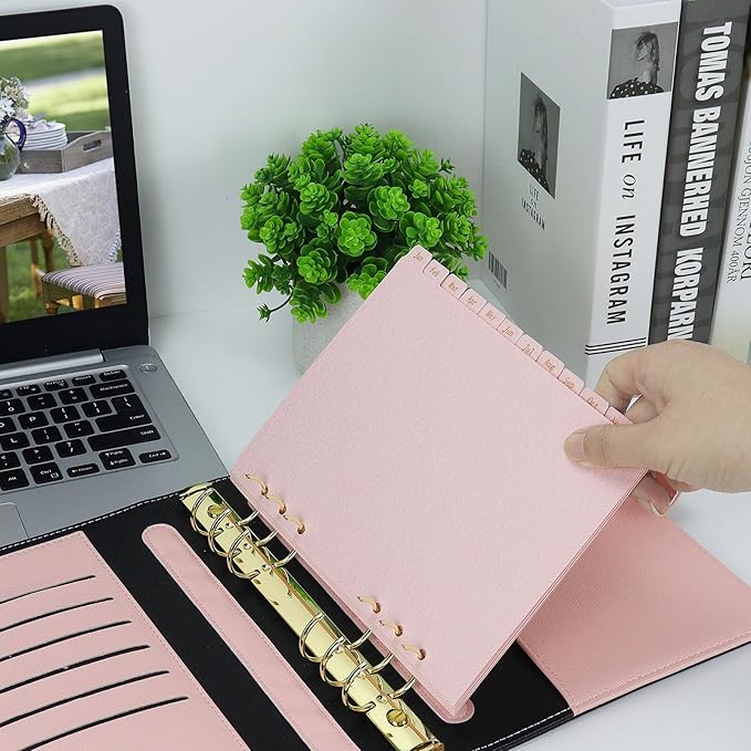 Koqye Leather Textured A5 6-Ring Binder Dividers with 12 Monthly Tabs, Pink Paper Index Page Separators for Planner/Organizer (2 Set - 12 Monthly Tabs)