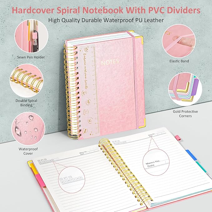 Hardcover Spiral Notebook Journal with Removable PVC Dividers - 8'' x 10'' Large 300 Page B5 Hardcover Leather College Lined Journals Notebook for Work Note Taking Office Home School Supplies, Pink