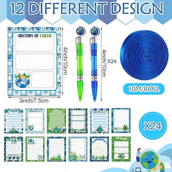 Eaasty 24 Sets Earth Day Gifts Bulk, Retractable Ballpoint Pen Set with Notepad and Ribbon World Earth Day Note Pads Pens Gifts for Office School Home Stationery Classroom Party Favors