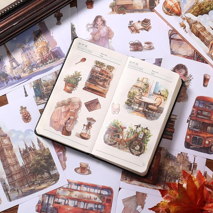 50 Sheets Vintage Aesthetic Scrapbook Stickers 200 Pre-Cut Washi Stickers People Girl Sticker City Landscape Sticker Scrapbooking Supplies