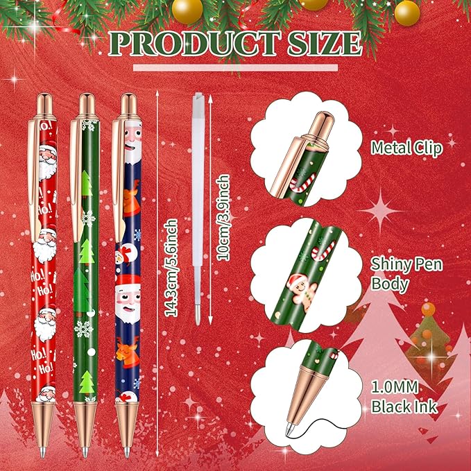 Sherr 7 Pcs Fancy Pens for Women Cute Sparkly Glitter Pens with 10 Pcs Black Ink Refills Pretty Gifts for Girls Office School Christmas Graduation(Santa)