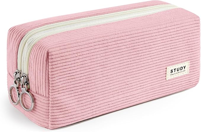 KALIDI Large Pencil Case Corduroy Pencil Pouch Box Cute School Supplies for Teen Girls Boys, Pink