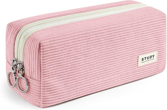 KALIDI Large Pencil Case Corduroy Pencil Pouch Box Cute School Supplies for Teen Girls Boys, Pink