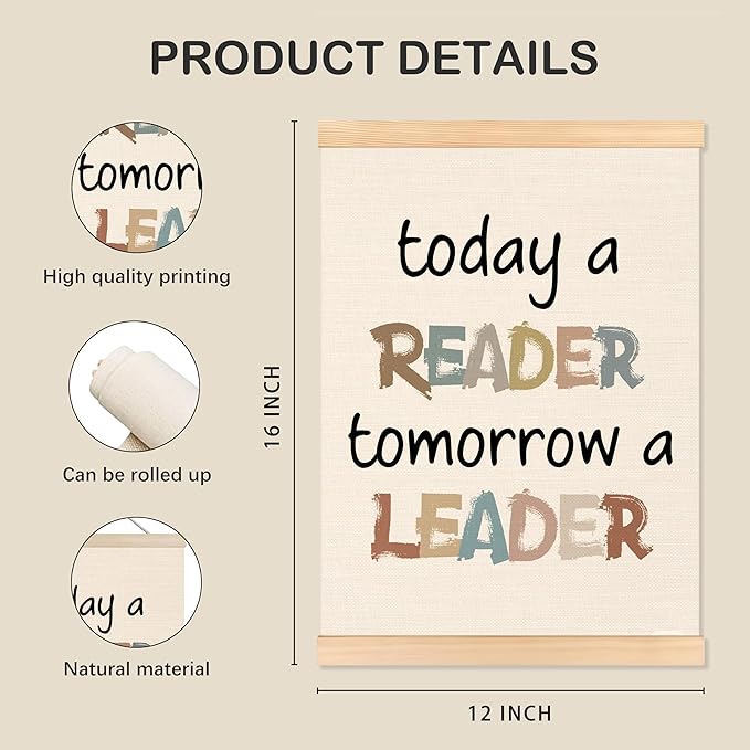 ROXMART Boho Classroom Reading Poster Hanger Frame, Reading Corner Nook Room Wall Decor, Today a Reader Tomorrow a Leader Wall Art Prints Decor for Kids Room Library Classroom, 12x16 Inch
