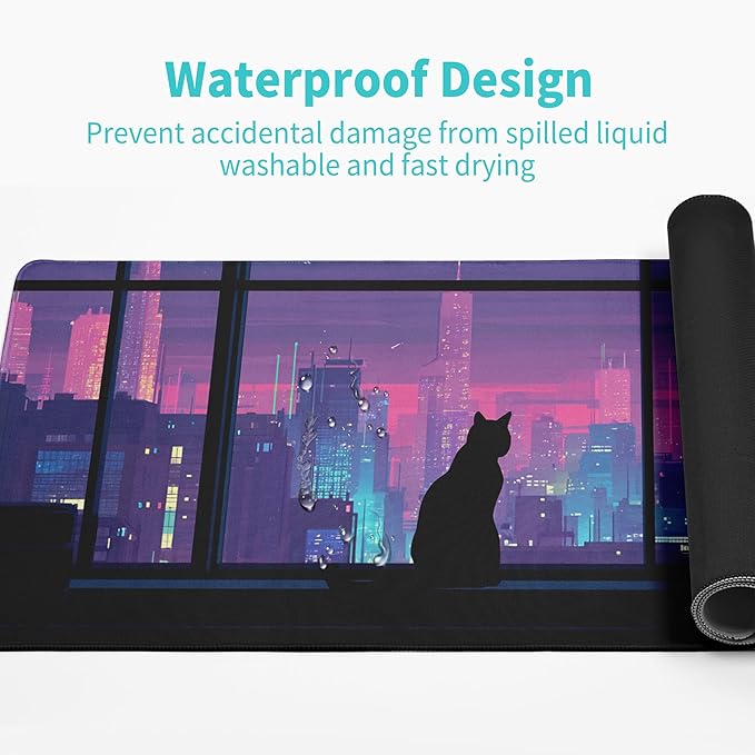 Cat Gaming Mouse Pad Abstract Kawaii Mouse Pad 31.5x11.8 Inch Cute Japanese Anime Desk Mat Non-Slip Rubber Base Large Mousepad Stitched Edges Keyboard Mouse Mat Desk Pad for Office and Home