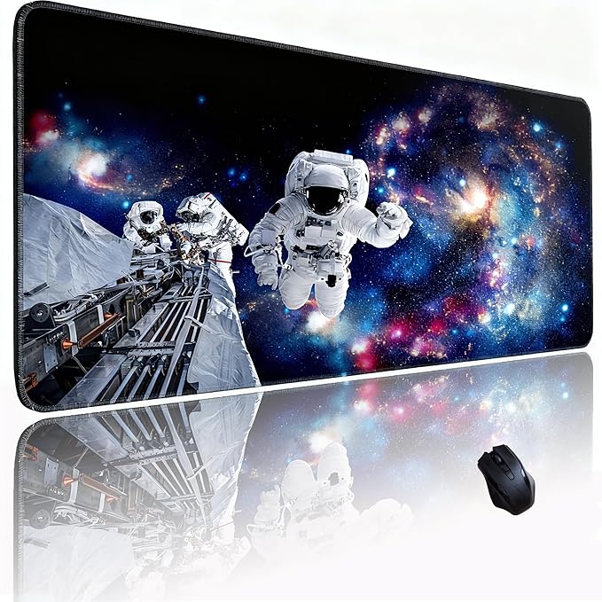 Astronauts in Space Mouse Pad, Oversized 31.5x11.8in Non-Slip Desk Mat, Micro-Woven Fabric with Stitched Edges for Gaming, Work, and Home Office