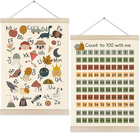Koesus Number Chart 1-100 Alphabet Wall Art Poster Hanger Frame 12x16 Inch Set of 2, Count to 100 Alphabet Educational Canvas Pictures Prints Framed Wall Decor for Classroom Nursery Playroom Preschool