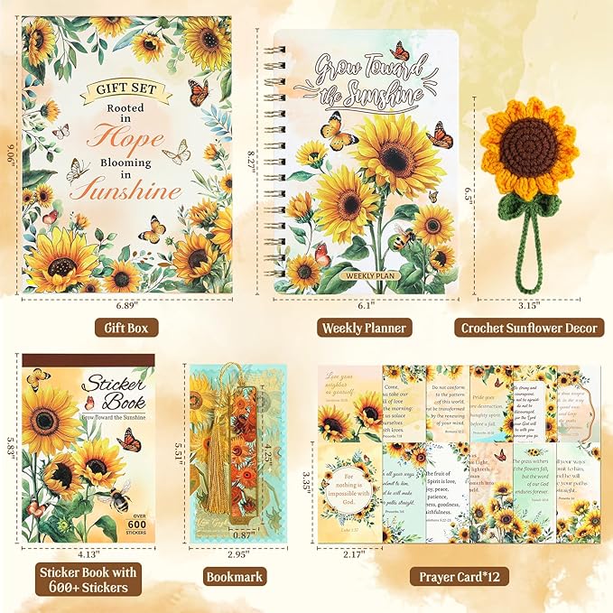 Sunflower Planner Gift Set for Women - 1 Sticker Book of 600+ Stickers, 1 Weekly Planner, 1 Crochet Keychain, 1 Metal Bookmark, 12 Prayer Cards, Gift for Women Men Teens Christian Birthday Mothers Day