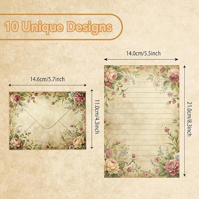 60 Vintage Floral Stationery Set - 30 Lined Writing Paper 30 Matching Envelopes 40 Self-Adhesive Seals Stickers - Bleed-Resistant Paper for Camp Letters Birthday Notes (Vintage)