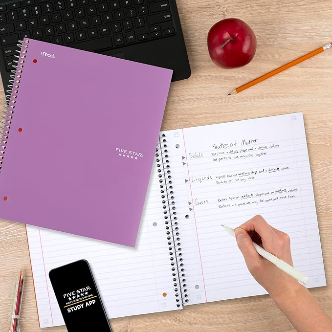Five Star Spiral Notebook + Study App, 5 Subject, Wide Ruled Paper, 8" x 10-1/2", 200 Sheets, Fights Ink Bleed, Water Resistant Cover, Amethyst Purple (38739)